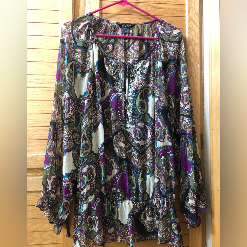 Sunny Taylor multicolored long sleeve split neck blouse size M